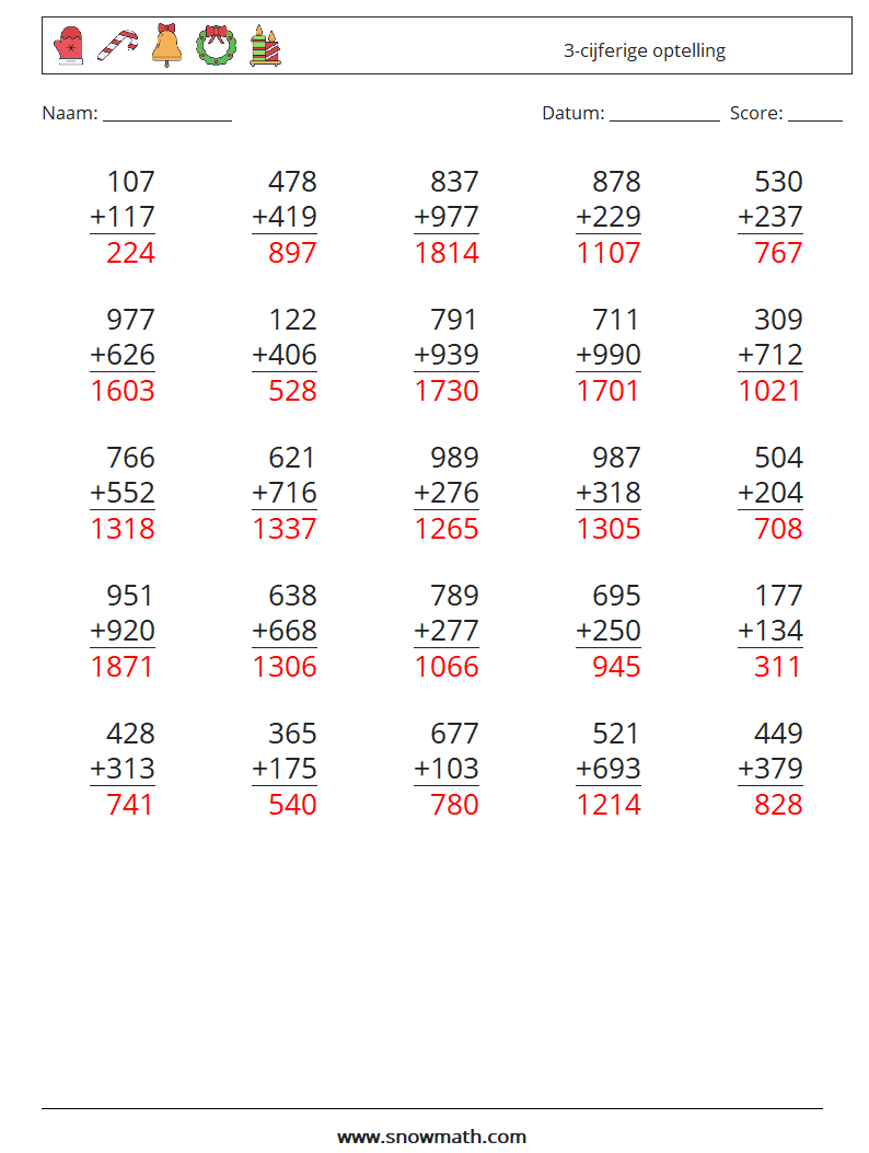 (25) 3-cijferige optelling Wiskundige werkbladen 2 Vraag, Antwoord