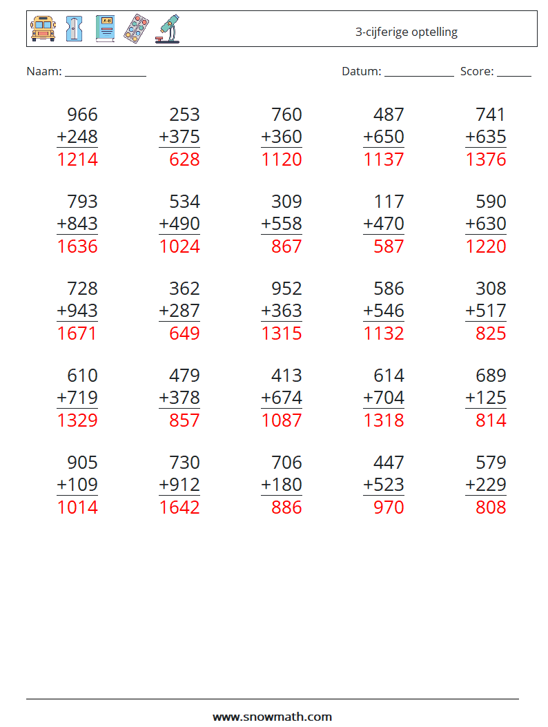 (25) 3-cijferige optelling Wiskundige werkbladen 3 Vraag, Antwoord