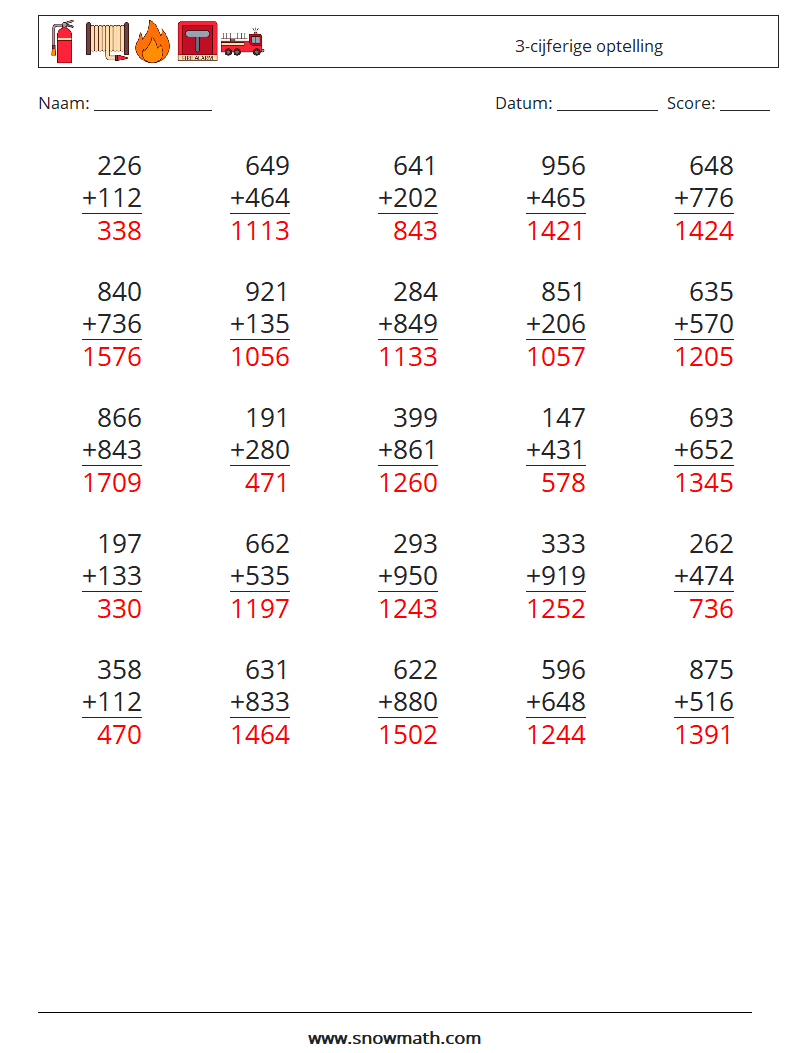 (25) 3-cijferige optelling Wiskundige werkbladen 4 Vraag, Antwoord