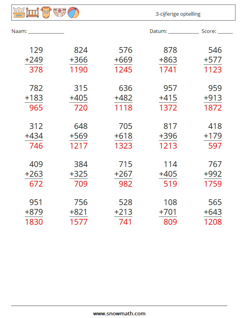 (25) 3-cijferige optelling Wiskundige werkbladen 5 Vraag, Antwoord