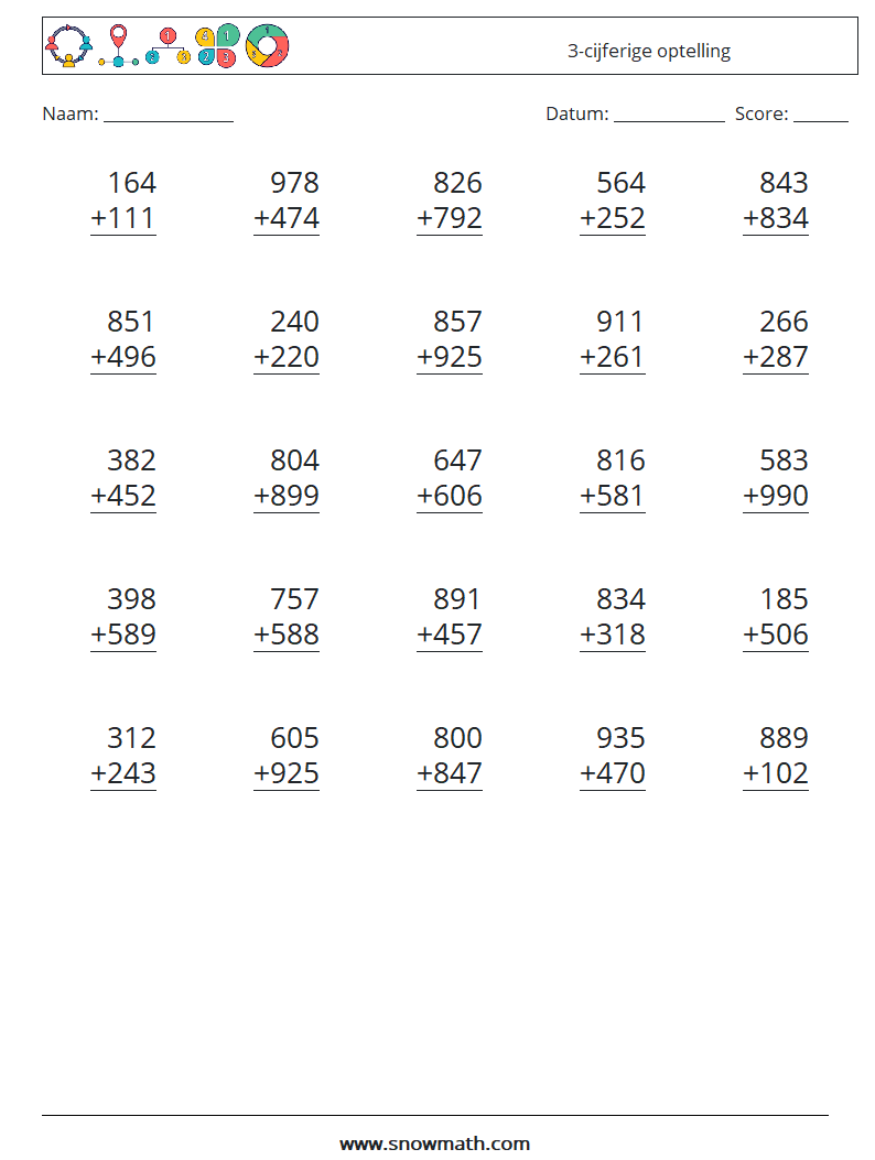 (25) 3-cijferige optelling Wiskundige werkbladen 6