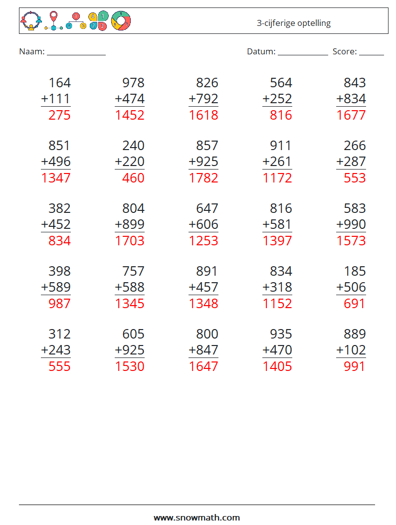 (25) 3-cijferige optelling Wiskundige werkbladen 6 Vraag, Antwoord