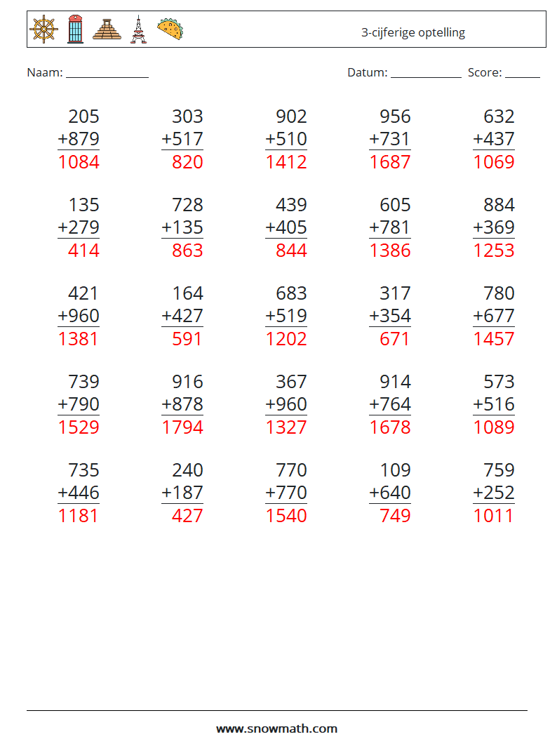 (25) 3-cijferige optelling Wiskundige werkbladen 7 Vraag, Antwoord