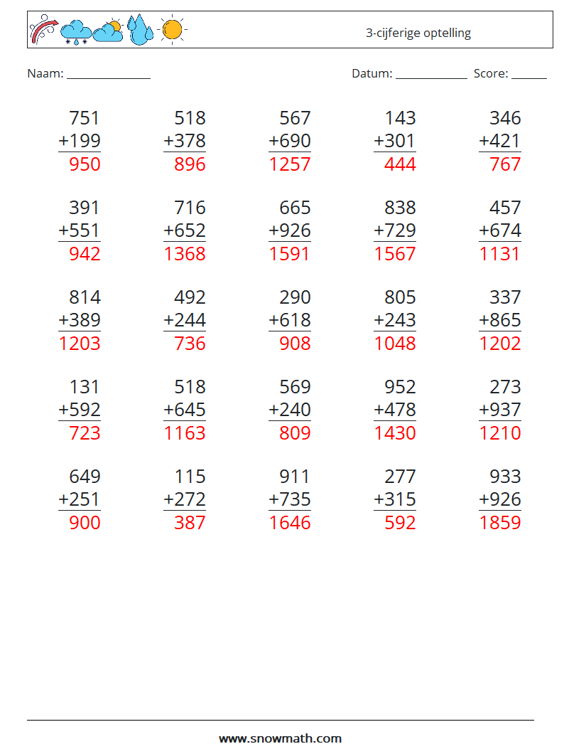 (25) 3-cijferige optelling Wiskundige werkbladen 8 Vraag, Antwoord