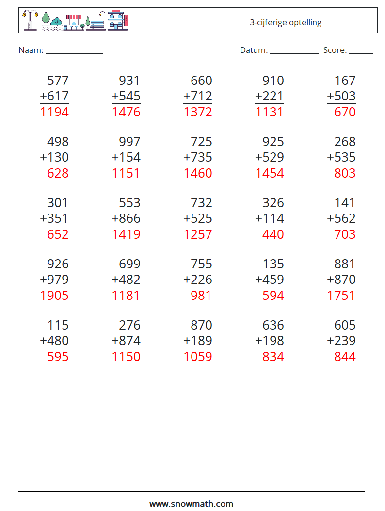 (25) 3-cijferige optelling Wiskundige werkbladen 9 Vraag, Antwoord