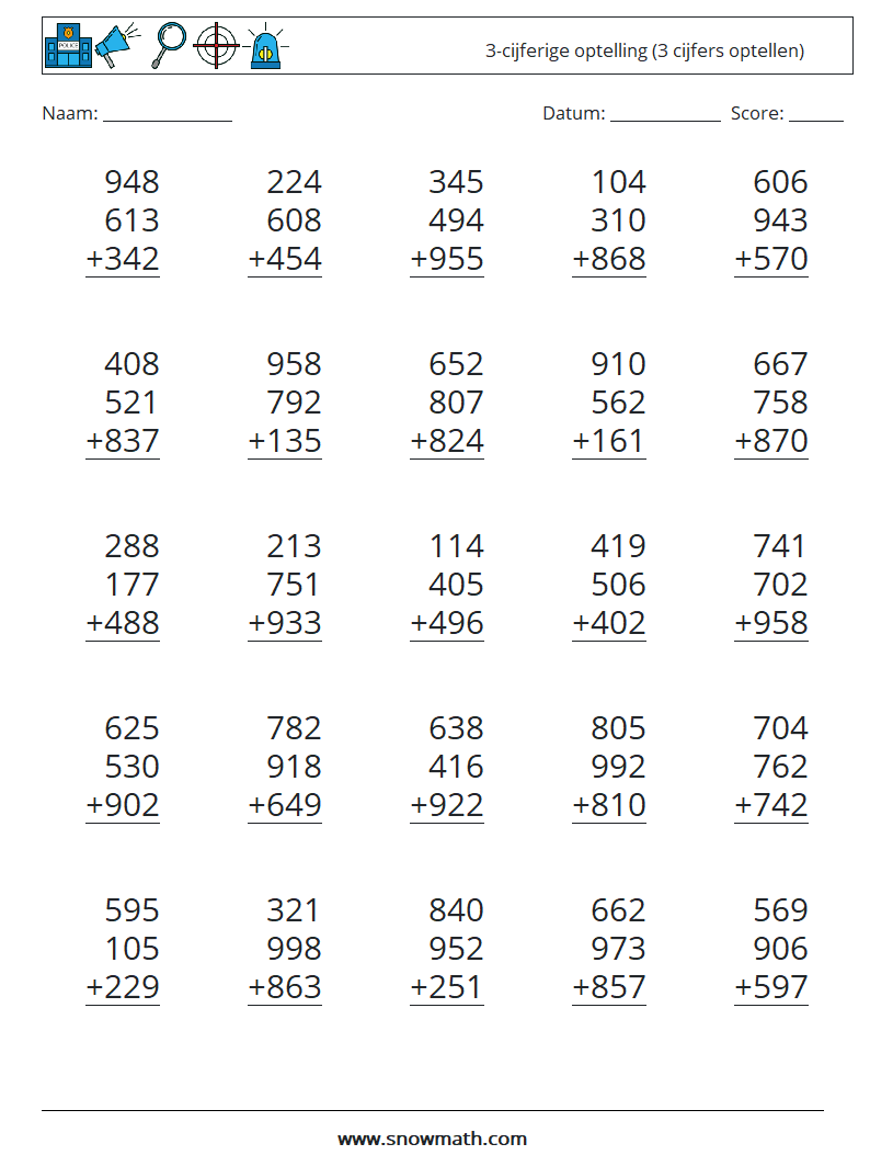 (25) 3-cijferige optelling (3 cijfers optellen) Wiskundige werkbladen 1