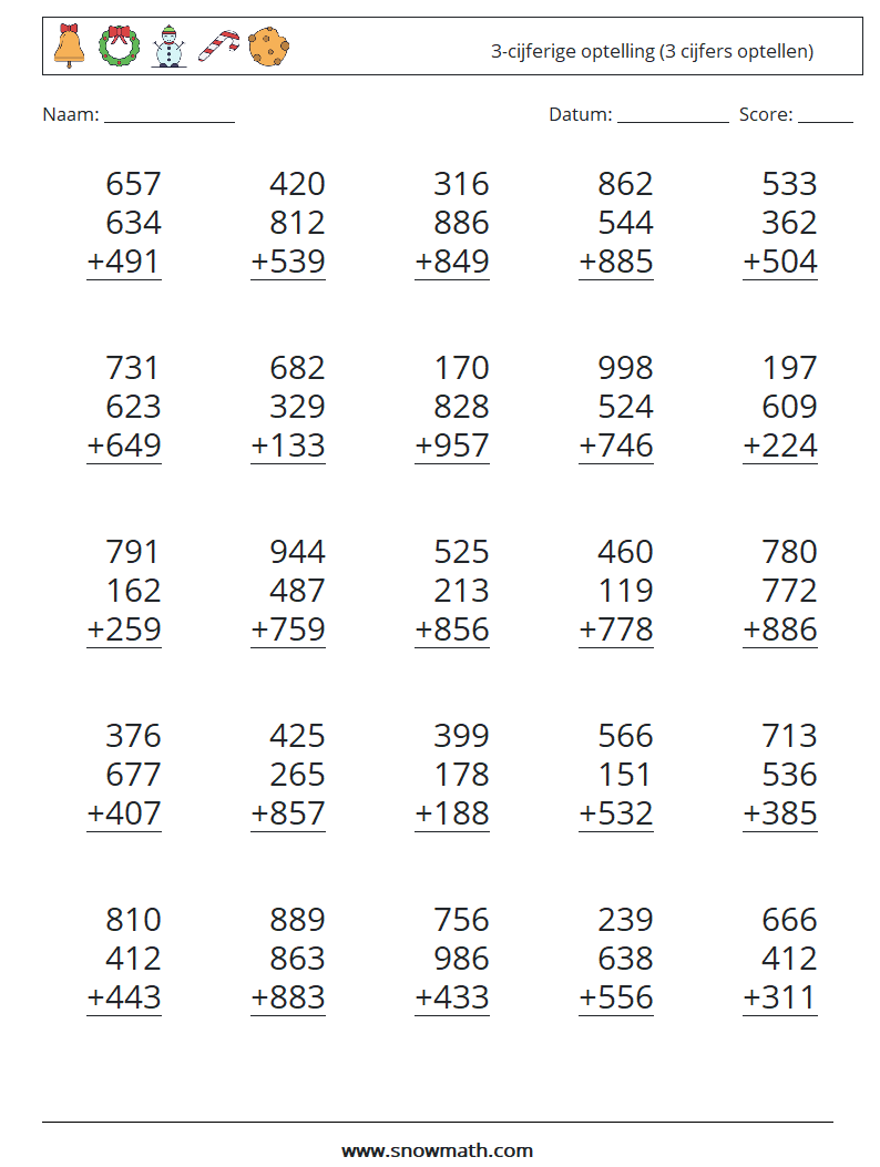 (25) 3-cijferige optelling (3 cijfers optellen) Wiskundige werkbladen 10