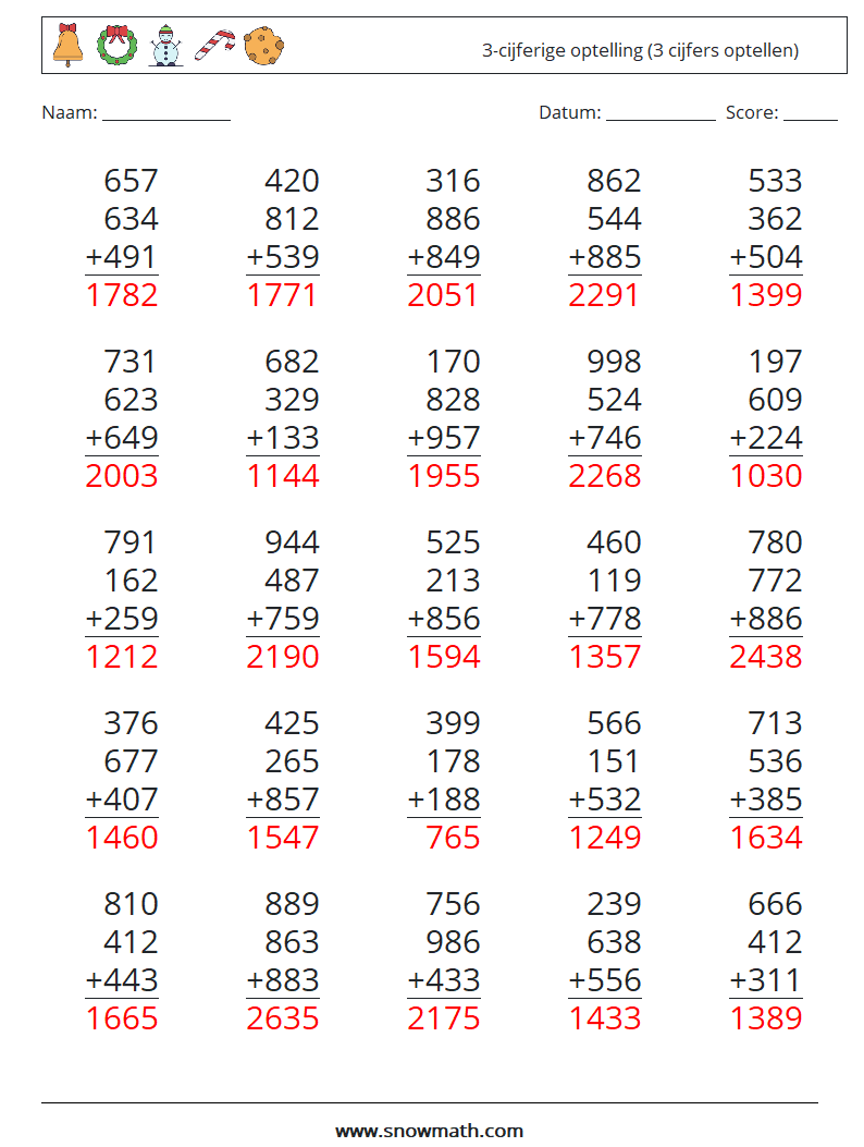 (25) 3-cijferige optelling (3 cijfers optellen) Wiskundige werkbladen 10 Vraag, Antwoord