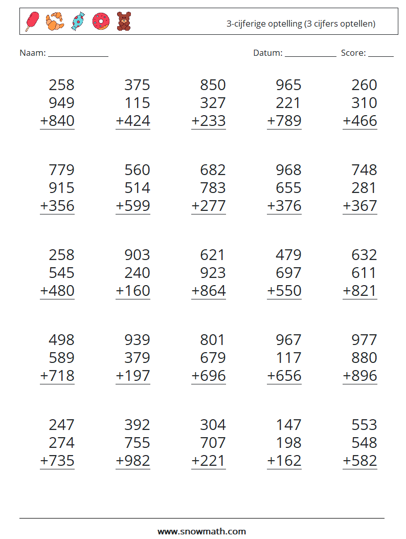 (25) 3-cijferige optelling (3 cijfers optellen) Wiskundige werkbladen 11