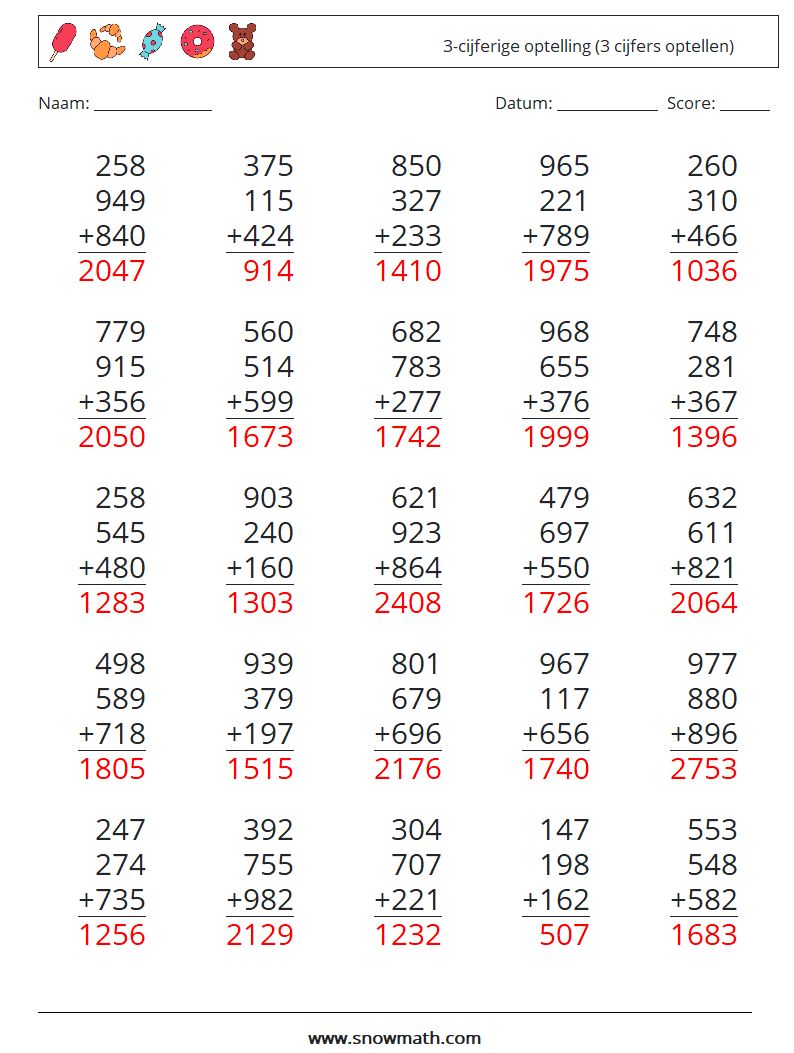 (25) 3-cijferige optelling (3 cijfers optellen) Wiskundige werkbladen 11 Vraag, Antwoord