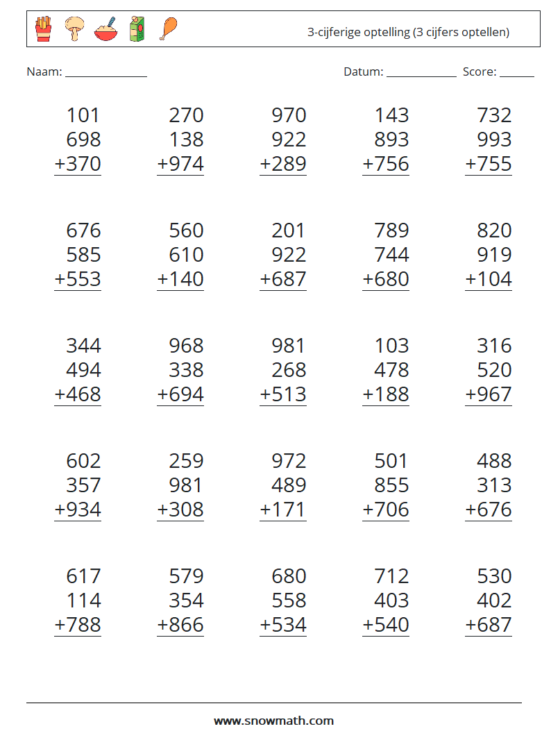 (25) 3-cijferige optelling (3 cijfers optellen) Wiskundige werkbladen 12