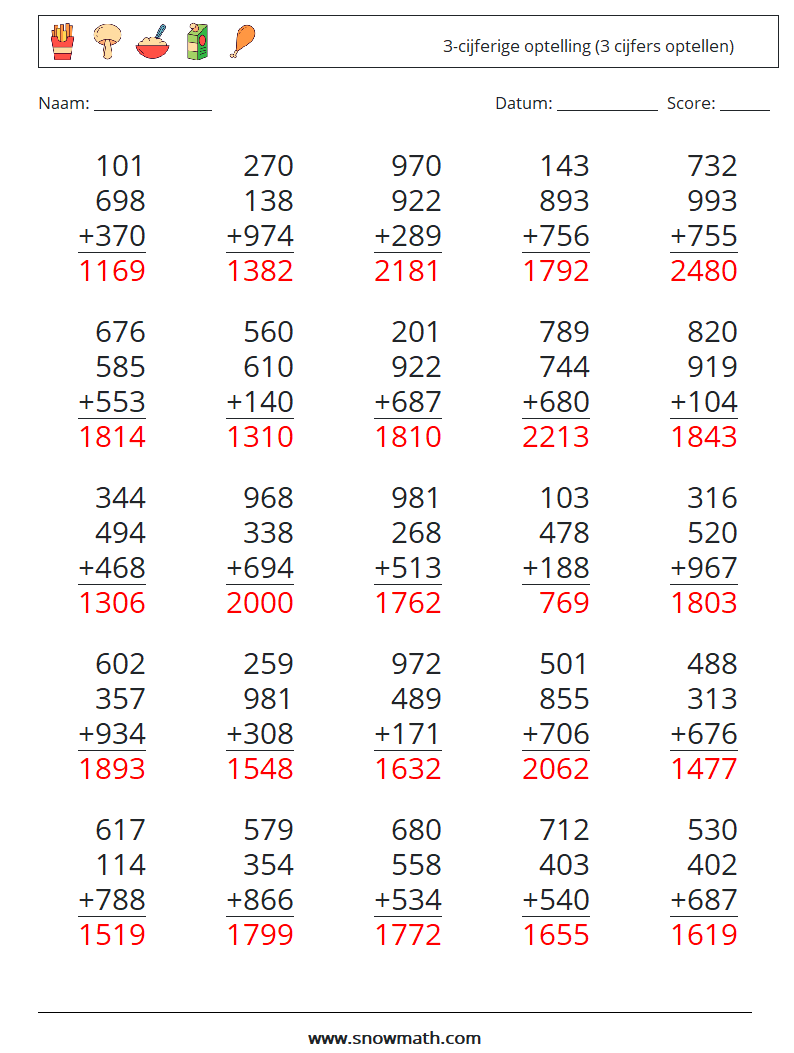 (25) 3-cijferige optelling (3 cijfers optellen) Wiskundige werkbladen 12 Vraag, Antwoord