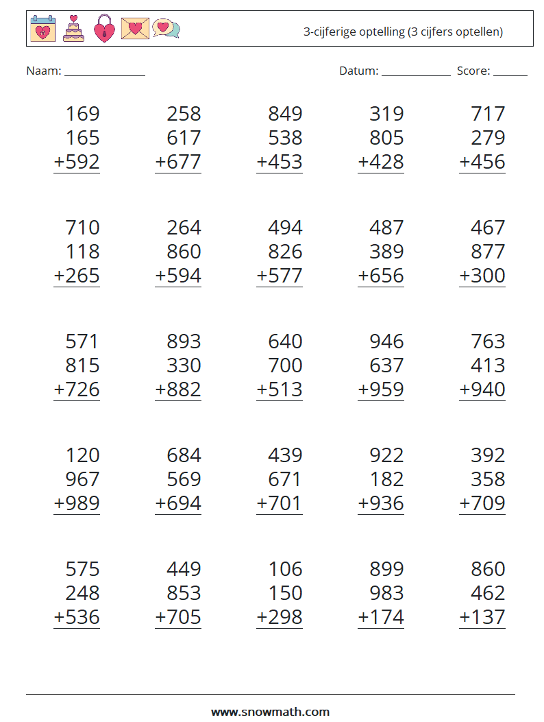 (25) 3-cijferige optelling (3 cijfers optellen) Wiskundige werkbladen 13