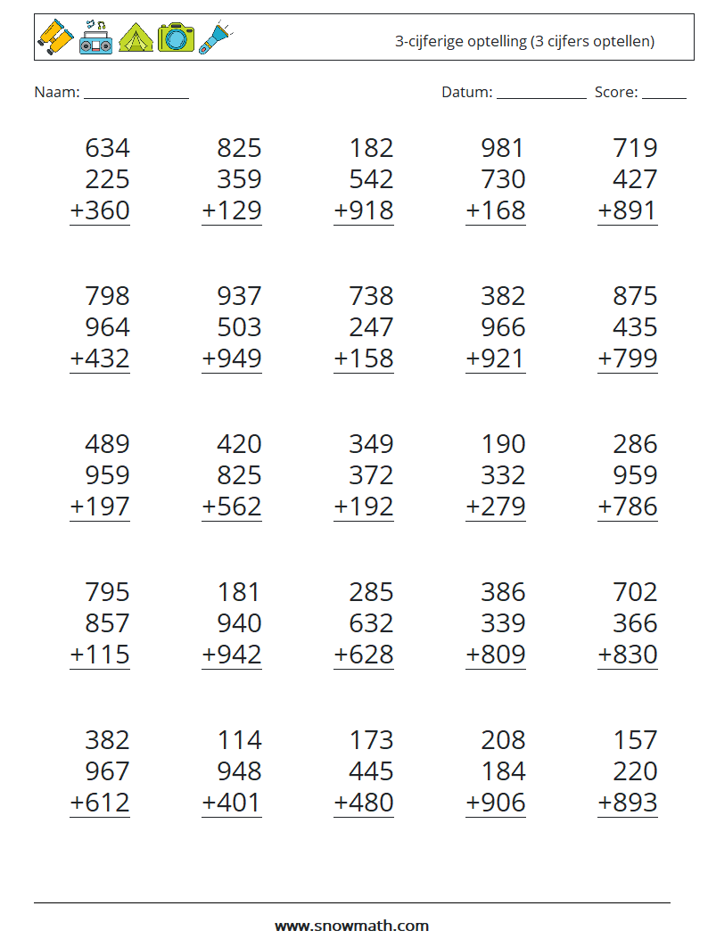 (25) 3-cijferige optelling (3 cijfers optellen) Wiskundige werkbladen 14
