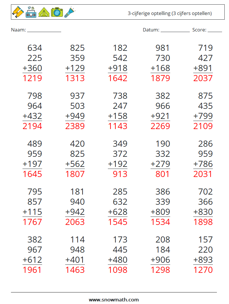 (25) 3-cijferige optelling (3 cijfers optellen) Wiskundige werkbladen 14 Vraag, Antwoord