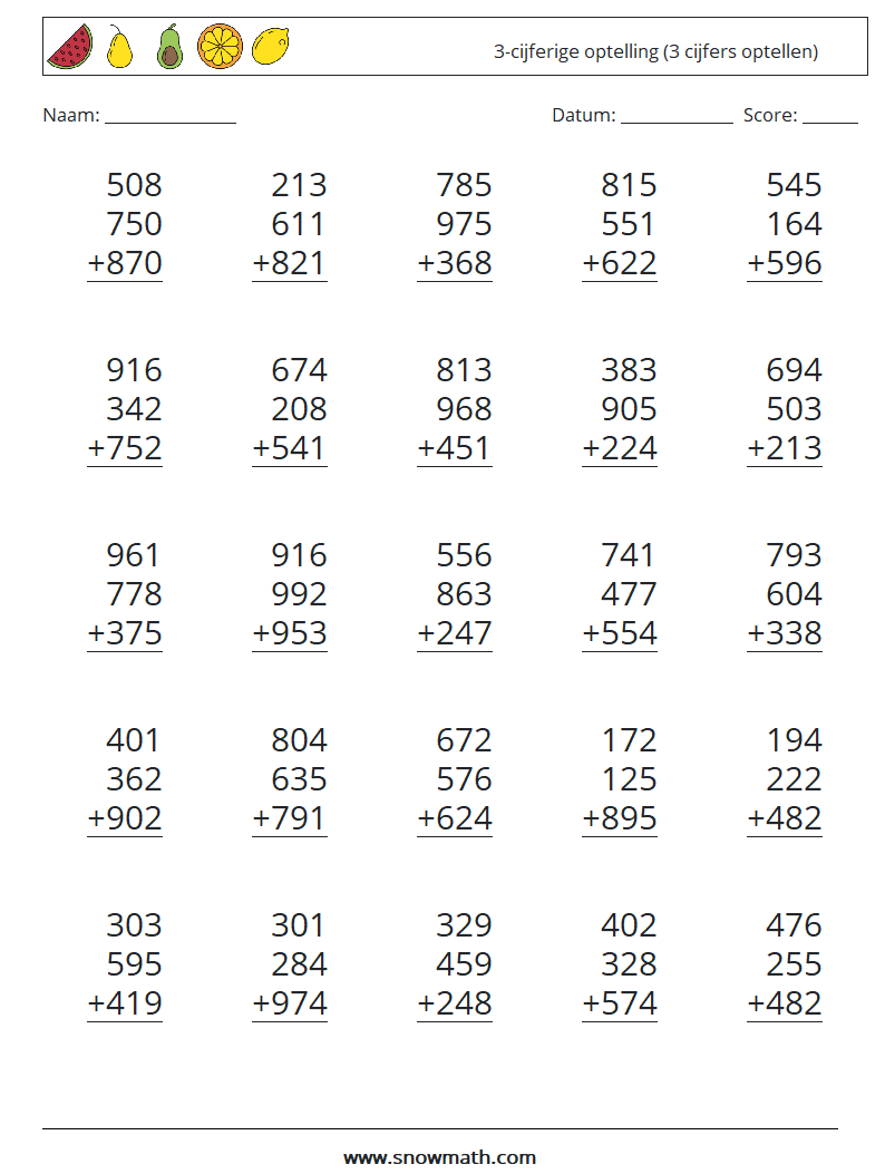 (25) 3-cijferige optelling (3 cijfers optellen) Wiskundige werkbladen 15