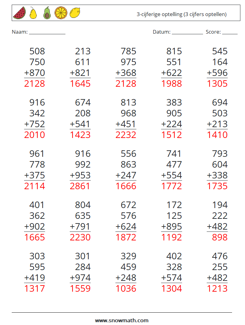 (25) 3-cijferige optelling (3 cijfers optellen) Wiskundige werkbladen 15 Vraag, Antwoord