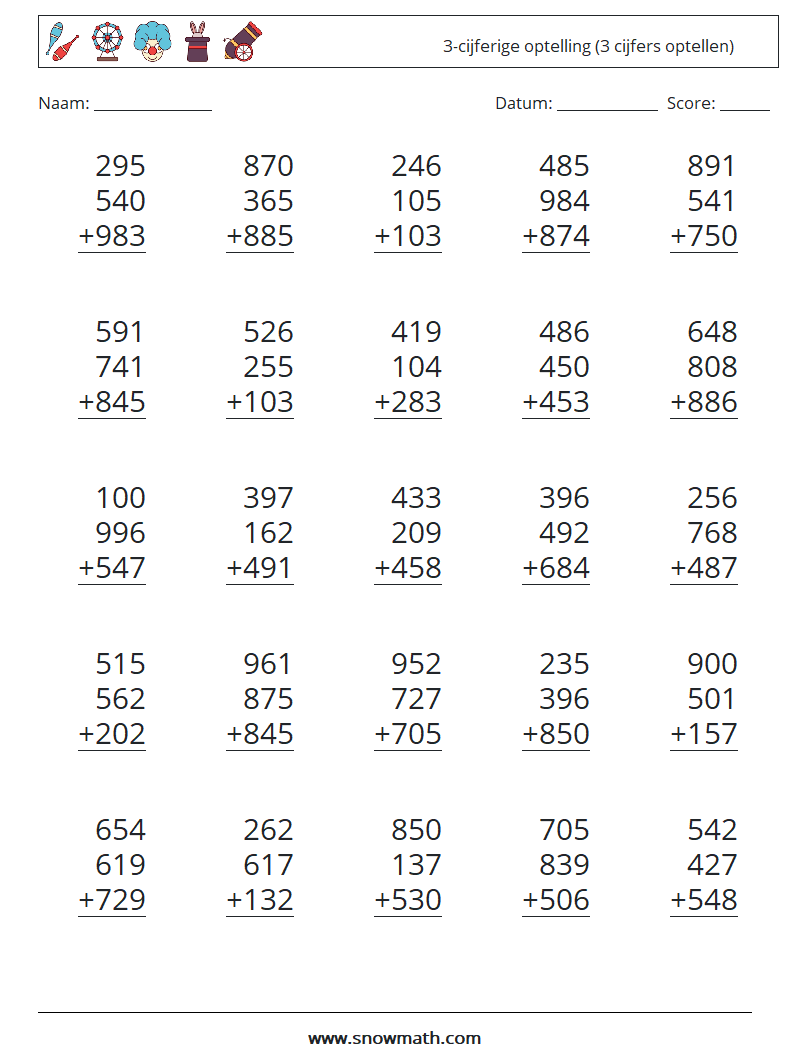 (25) 3-cijferige optelling (3 cijfers optellen) Wiskundige werkbladen 16