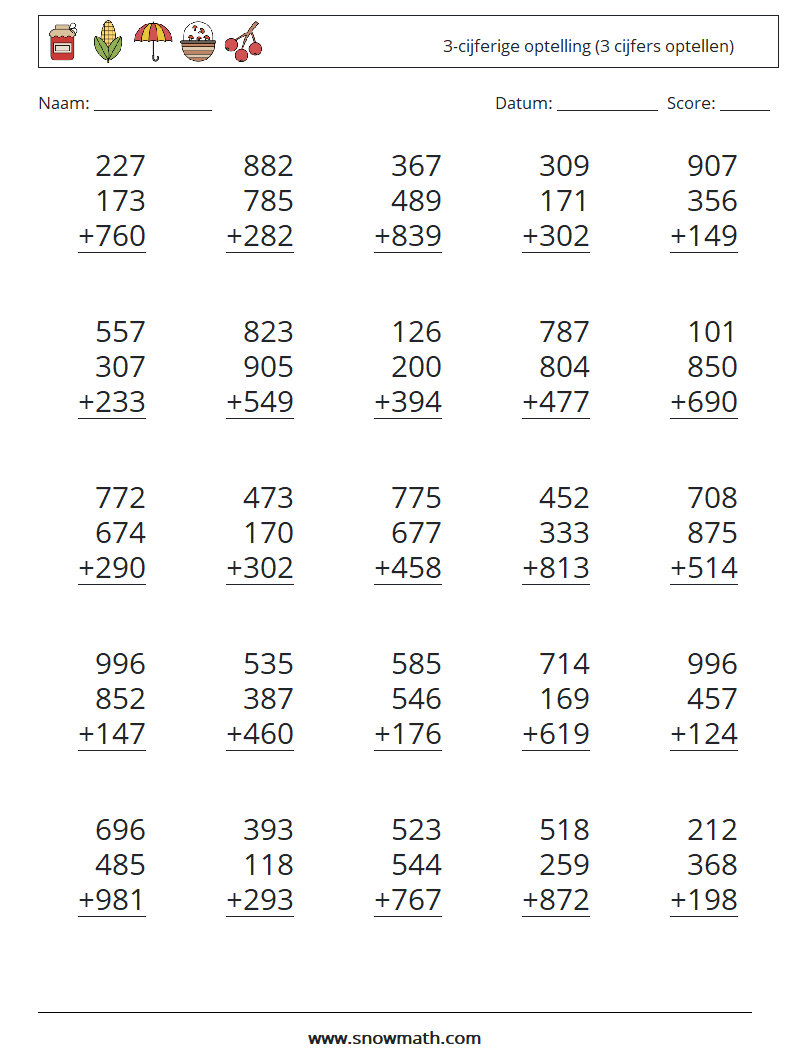 (25) 3-cijferige optelling (3 cijfers optellen) Wiskundige werkbladen 17
