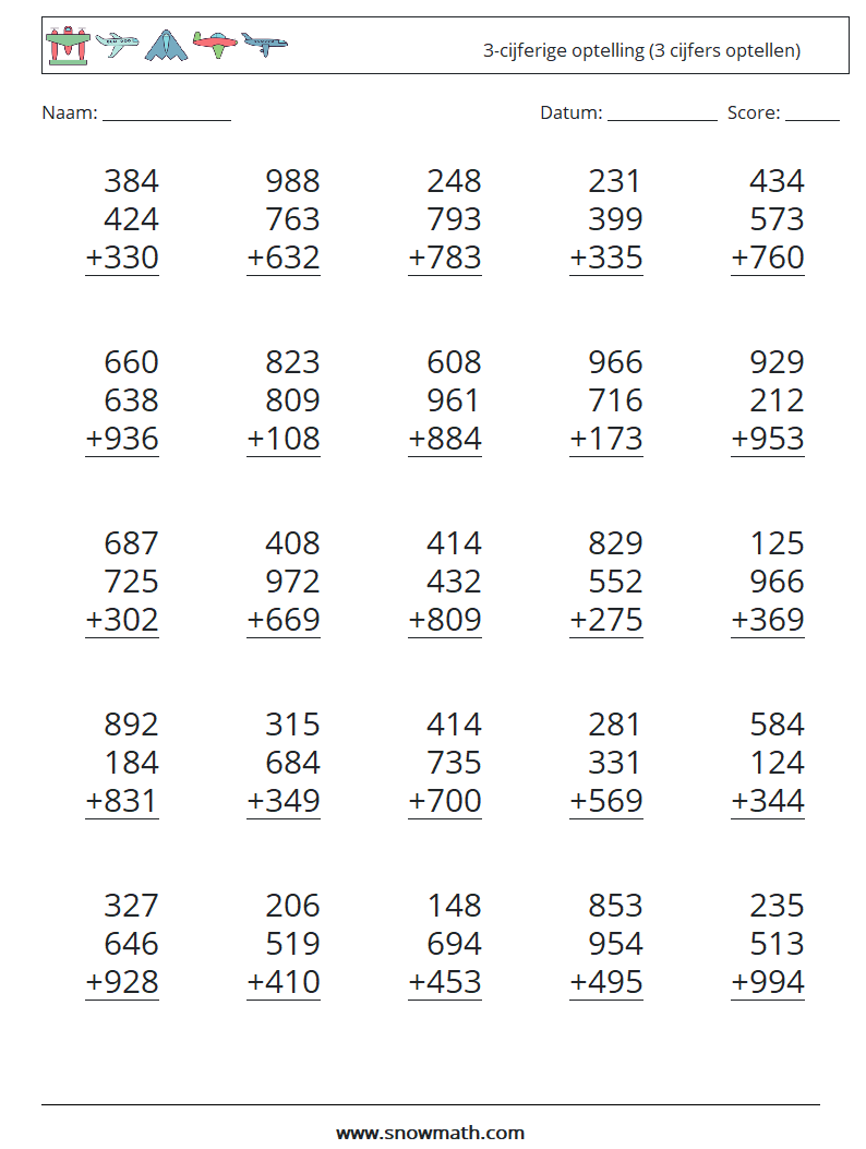 (25) 3-cijferige optelling (3 cijfers optellen) Wiskundige werkbladen 18
