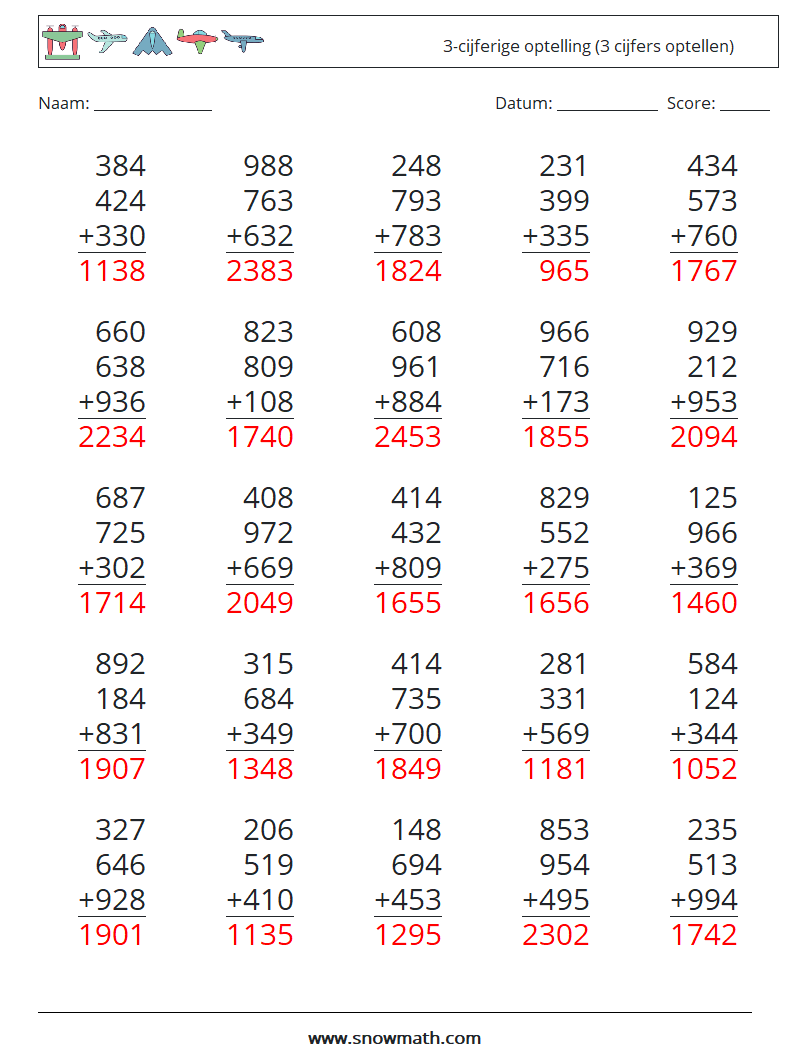 (25) 3-cijferige optelling (3 cijfers optellen) Wiskundige werkbladen 18 Vraag, Antwoord