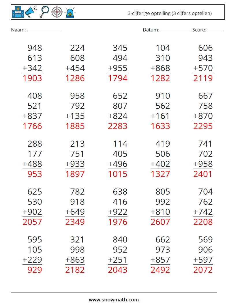 (25) 3-cijferige optelling (3 cijfers optellen) Wiskundige werkbladen 1 Vraag, Antwoord