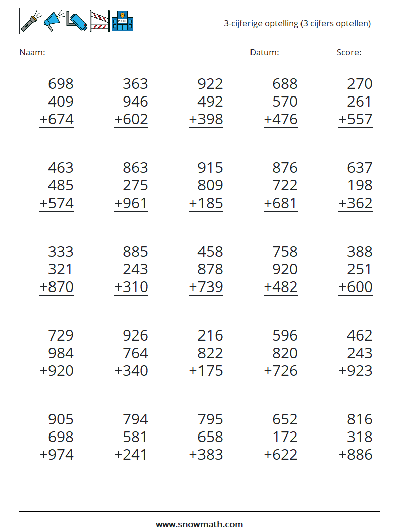 (25) 3-cijferige optelling (3 cijfers optellen) Wiskundige werkbladen 2