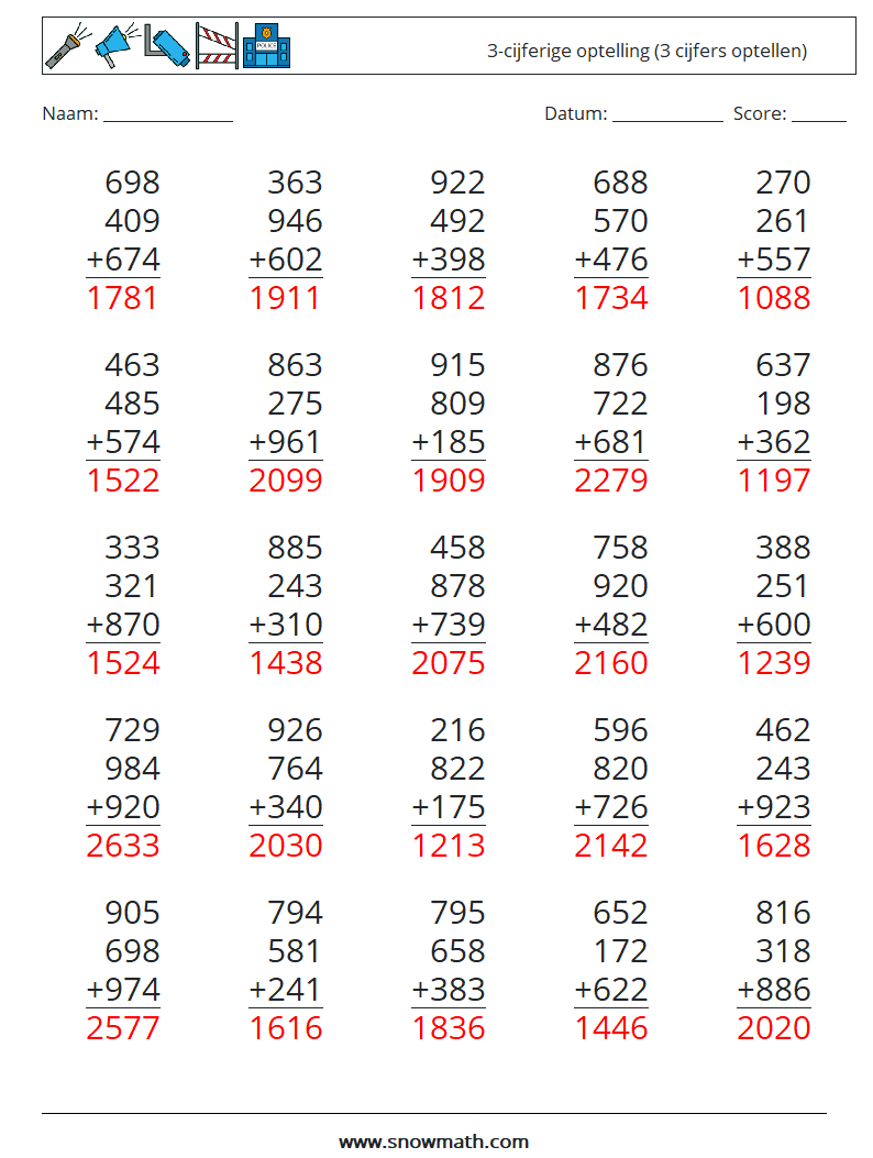 (25) 3-cijferige optelling (3 cijfers optellen) Wiskundige werkbladen 2 Vraag, Antwoord