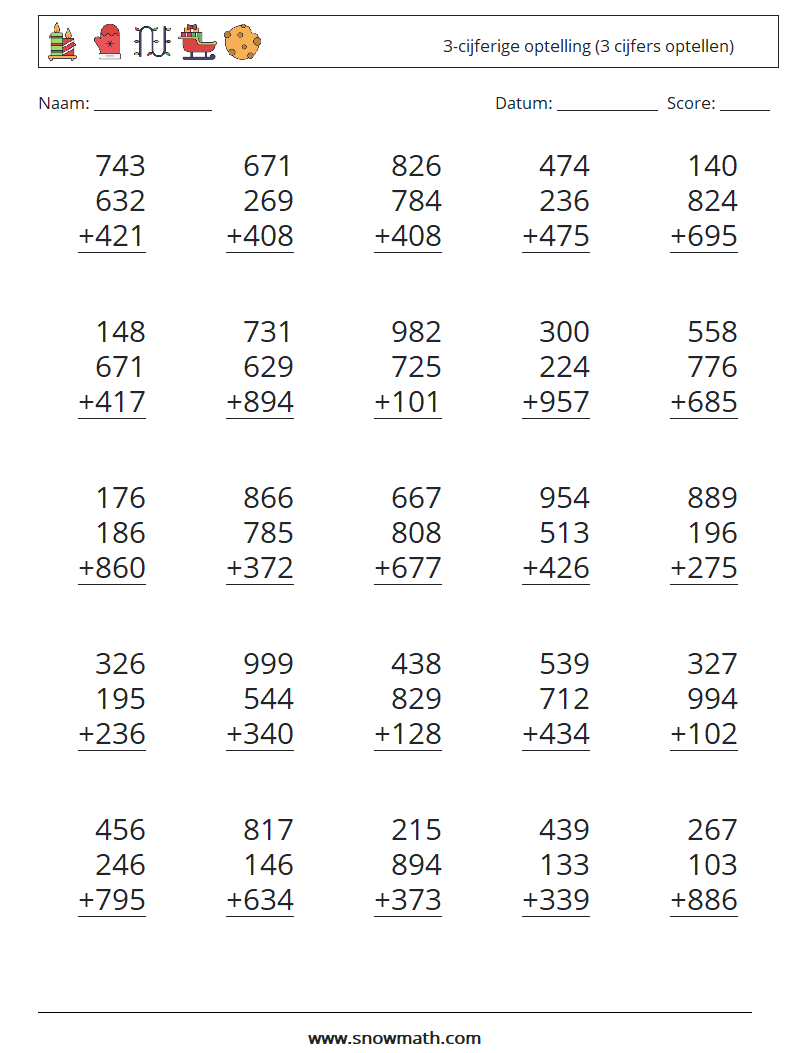 (25) 3-cijferige optelling (3 cijfers optellen) Wiskundige werkbladen 3