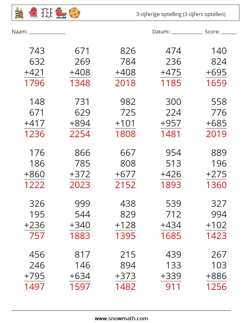 (25) 3-cijferige optelling (3 cijfers optellen) Wiskundige werkbladen 3 Vraag, Antwoord