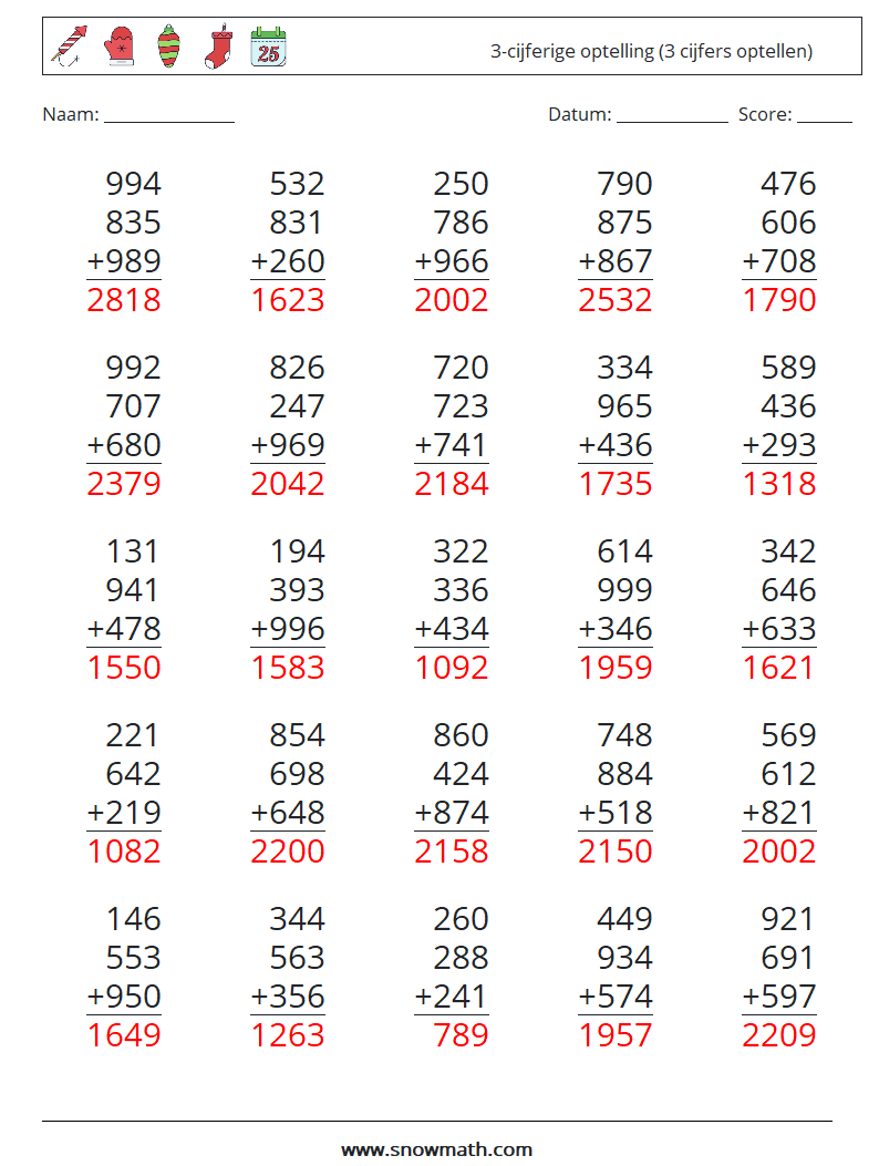 (25) 3-cijferige optelling (3 cijfers optellen) Wiskundige werkbladen 4 Vraag, Antwoord