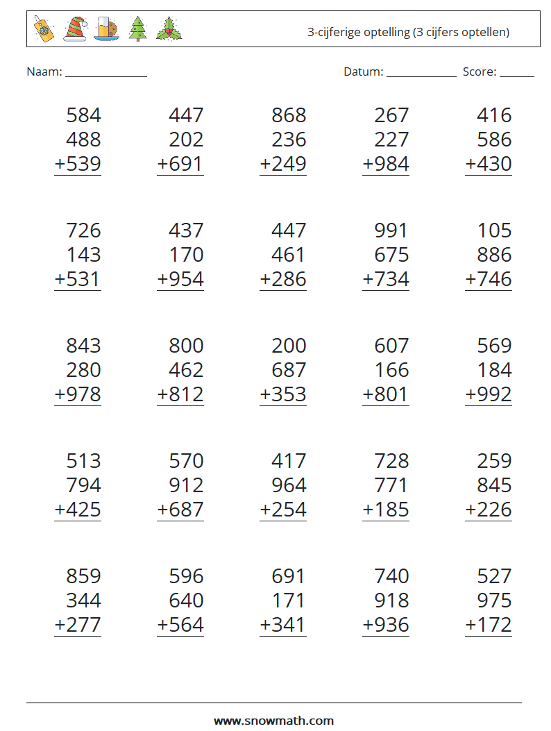 (25) 3-cijferige optelling (3 cijfers optellen) Wiskundige werkbladen 5