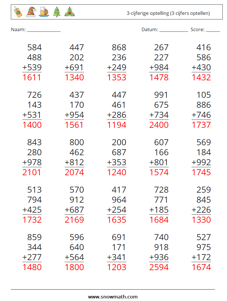 (25) 3-cijferige optelling (3 cijfers optellen) Wiskundige werkbladen 5 Vraag, Antwoord