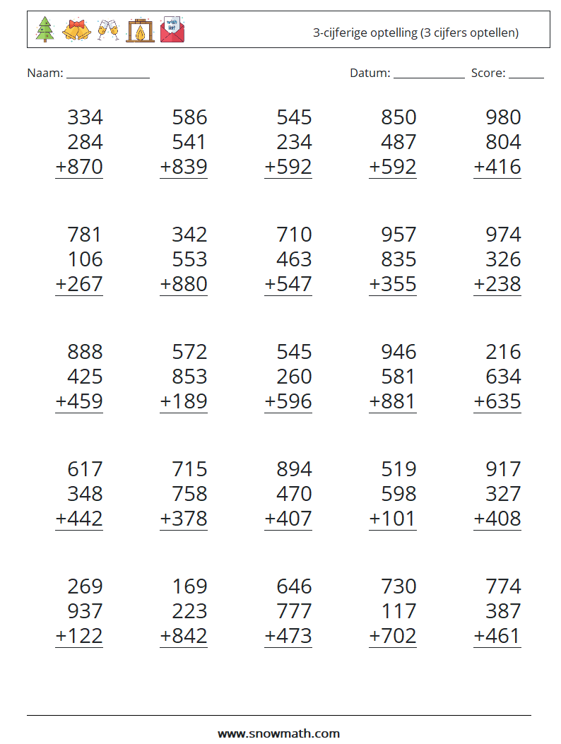(25) 3-cijferige optelling (3 cijfers optellen) Wiskundige werkbladen 6