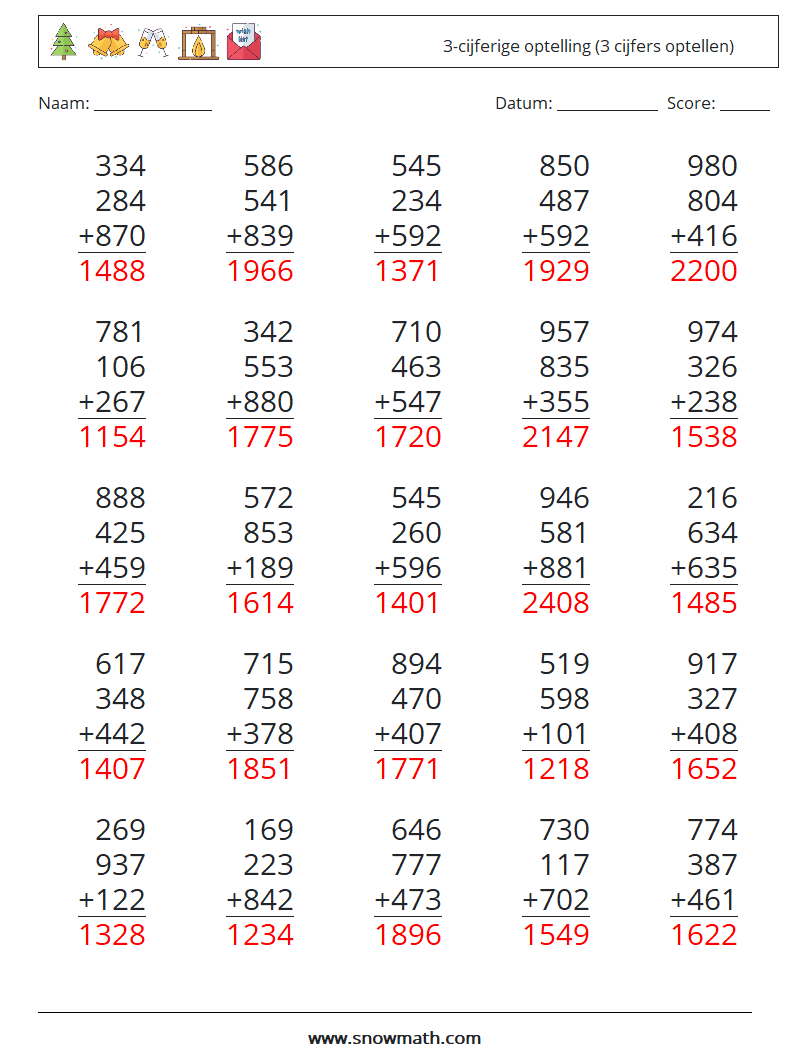 (25) 3-cijferige optelling (3 cijfers optellen) Wiskundige werkbladen 6 Vraag, Antwoord