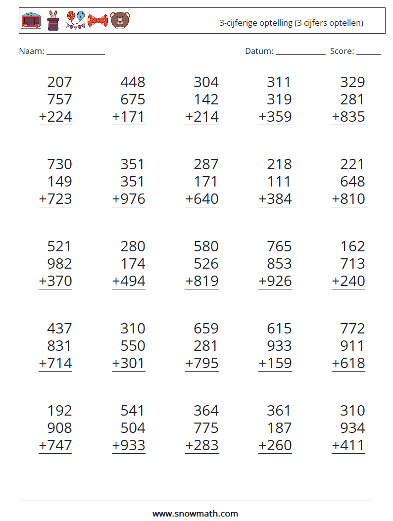 (25) 3-cijferige optelling (3 cijfers optellen) Wiskundige werkbladen 7