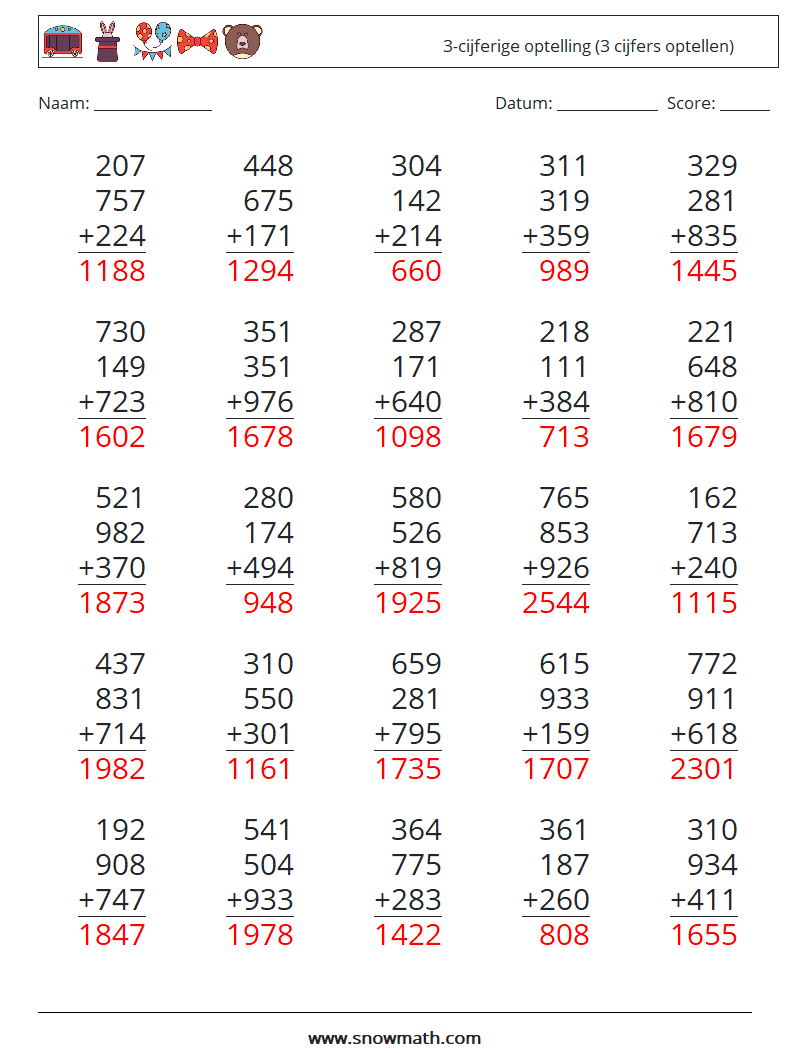 (25) 3-cijferige optelling (3 cijfers optellen) Wiskundige werkbladen 7 Vraag, Antwoord