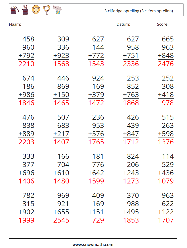 (25) 3-cijferige optelling (3 cijfers optellen) Wiskundige werkbladen 8 Vraag, Antwoord