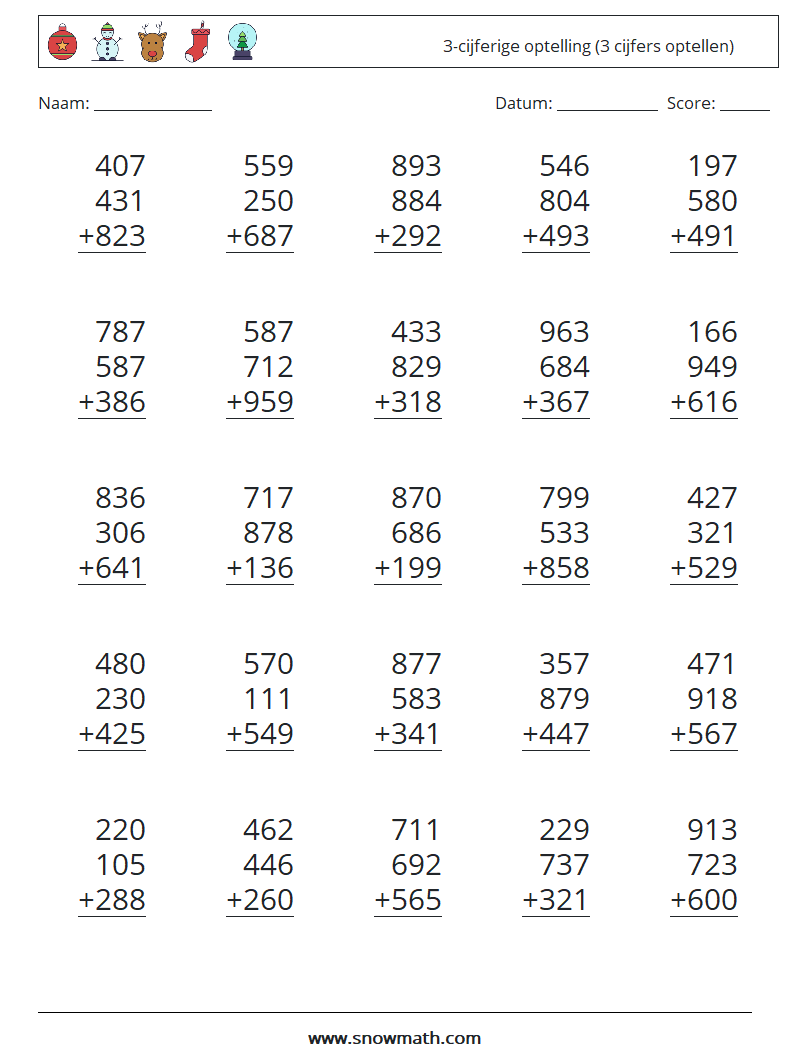 (25) 3-cijferige optelling (3 cijfers optellen) Wiskundige werkbladen 9