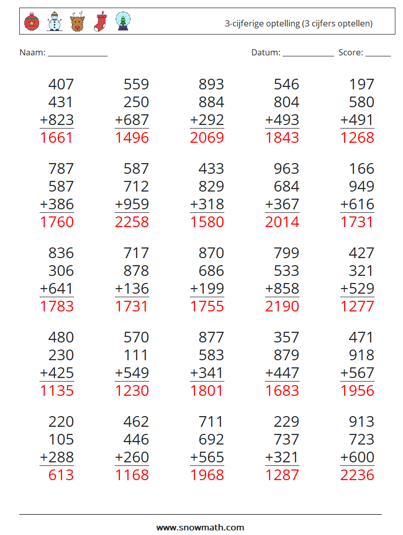 (25) 3-cijferige optelling (3 cijfers optellen) Wiskundige werkbladen 9 Vraag, Antwoord