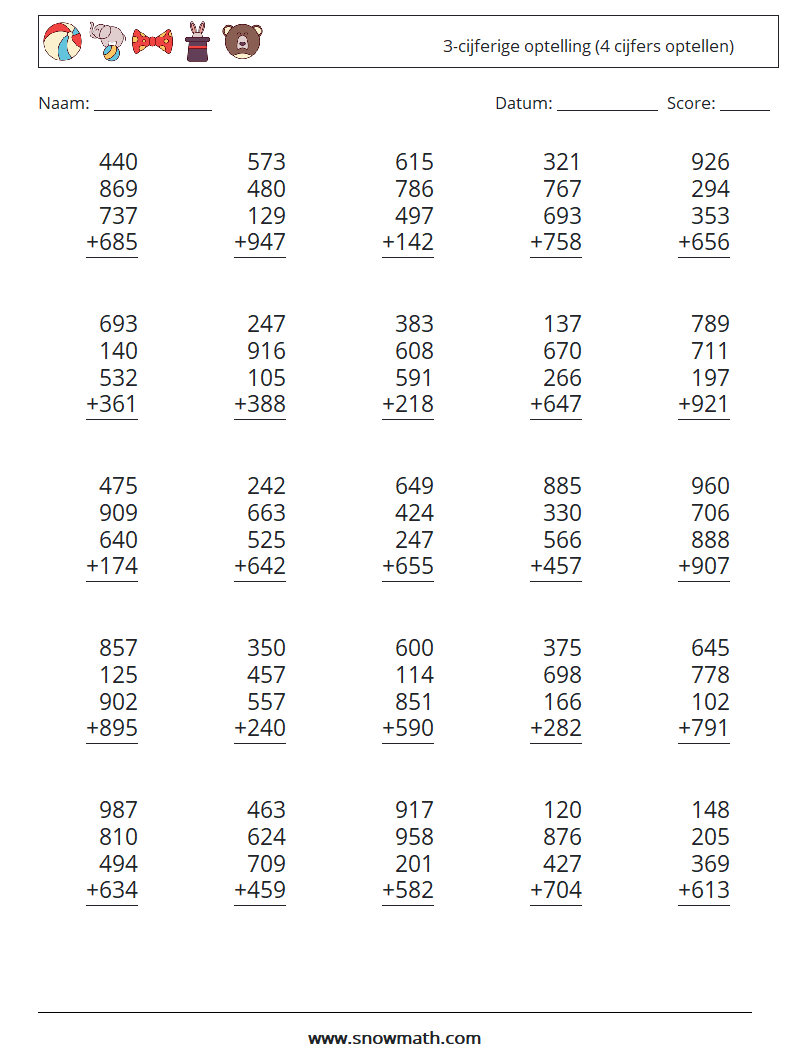 (25) 3-cijferige optelling (4 cijfers optellen) Wiskundige werkbladen 1