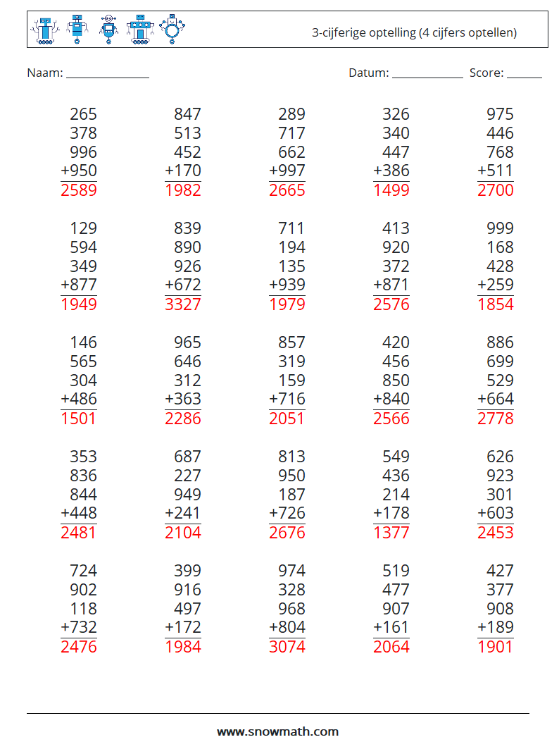 (25) 3-cijferige optelling (4 cijfers optellen) Wiskundige werkbladen 10 Vraag, Antwoord