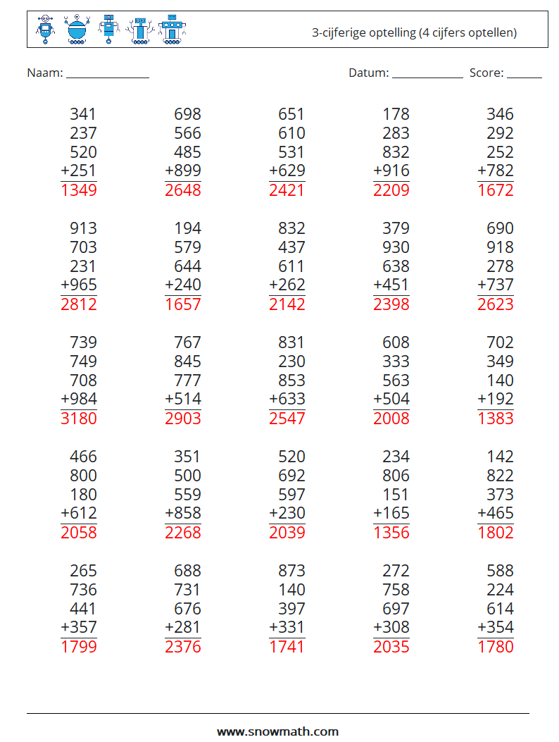 (25) 3-cijferige optelling (4 cijfers optellen) Wiskundige werkbladen 11 Vraag, Antwoord