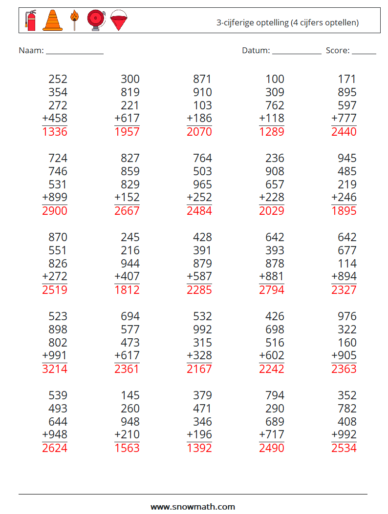 (25) 3-cijferige optelling (4 cijfers optellen) Wiskundige werkbladen 13 Vraag, Antwoord