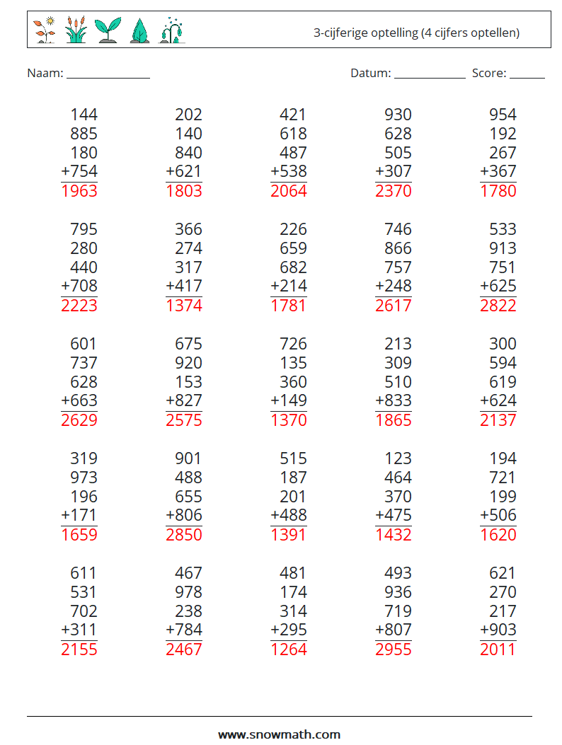 (25) 3-cijferige optelling (4 cijfers optellen) Wiskundige werkbladen 17 Vraag, Antwoord