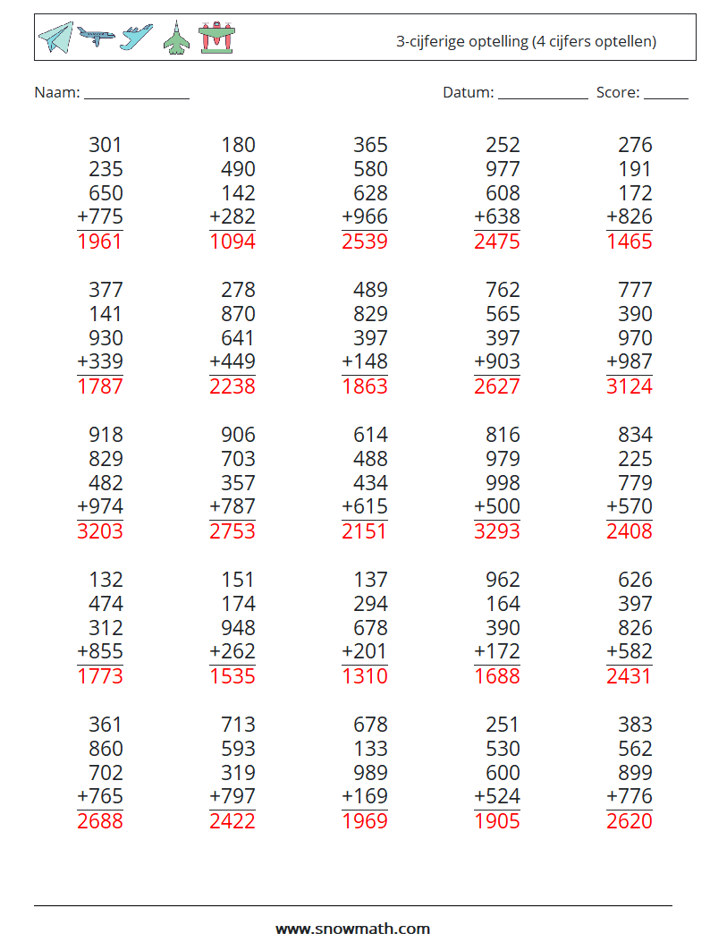 (25) 3-cijferige optelling (4 cijfers optellen) Wiskundige werkbladen 18 Vraag, Antwoord