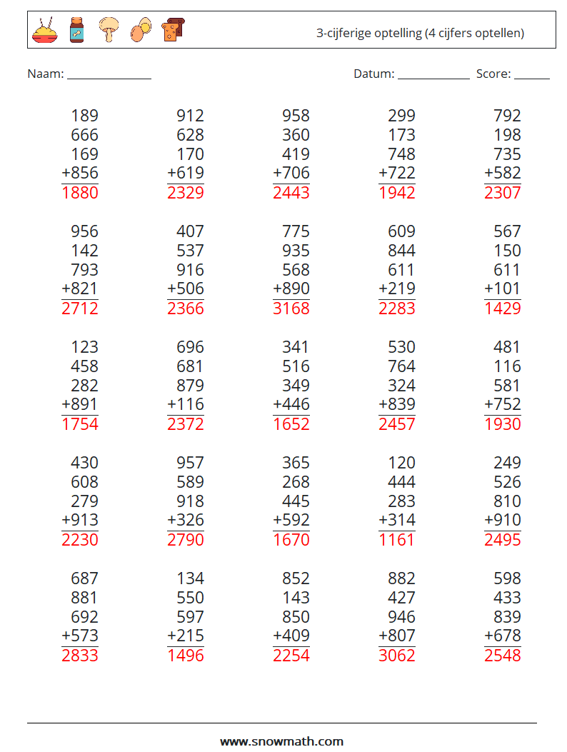 (25) 3-cijferige optelling (4 cijfers optellen) Wiskundige werkbladen 2 Vraag, Antwoord