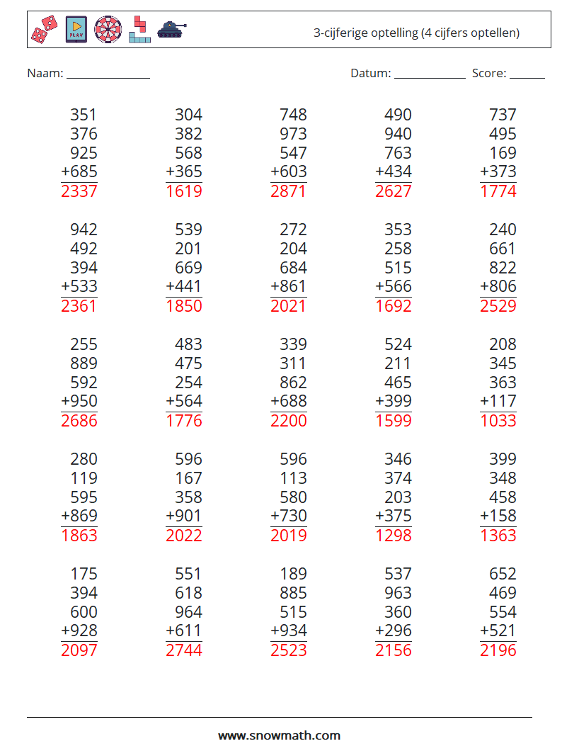 (25) 3-cijferige optelling (4 cijfers optellen) Wiskundige werkbladen 3 Vraag, Antwoord