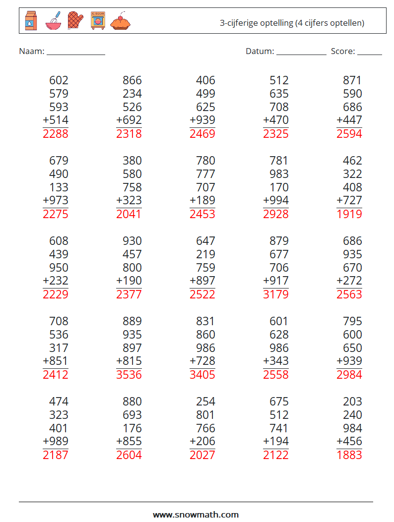 (25) 3-cijferige optelling (4 cijfers optellen) Wiskundige werkbladen 4 Vraag, Antwoord