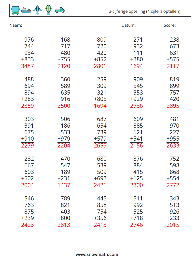 (25) 3-cijferige optelling (4 cijfers optellen) Wiskundige werkbladen 5 Vraag, Antwoord